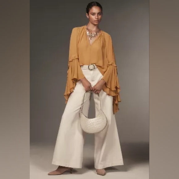 Anthropologie Flare-Sleeve V-Neck Blouse dark yellow - Picture 2 of 7